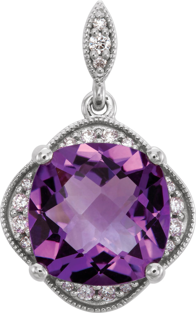 Platinum Cushion Natural Amethyst & Natural Diamond Halo-Style Pendant