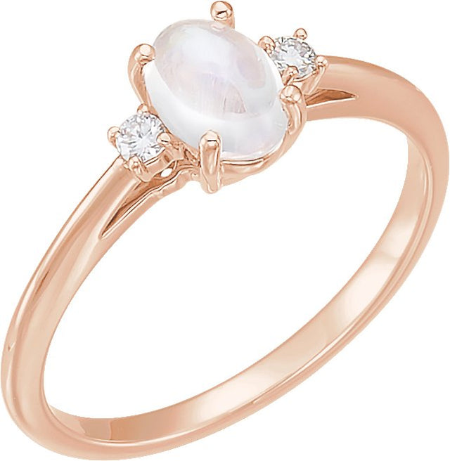 14K Gold Oval Natural Rainbow Moonstone & Natural Diamond Accented Ring - Rose Gold