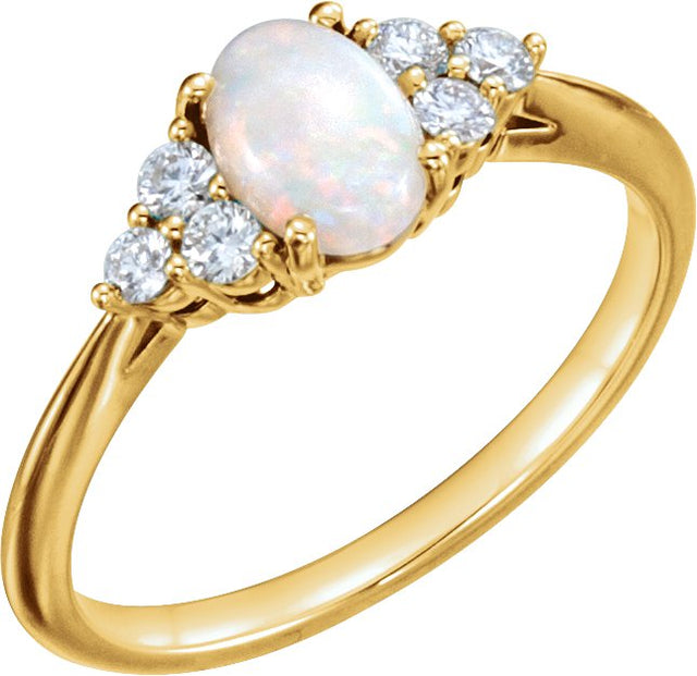 14K Gold Oval Natural White Opal & Natural Diamond Accented Ring - Yellow Gold