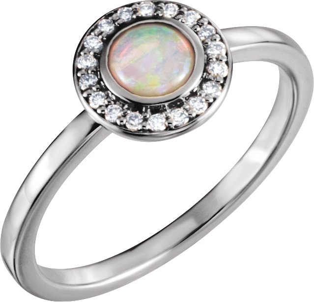 14K Gold Oval Natural White Opal & Natural Diamond Halo-Style Cabochon Ring - White Gold