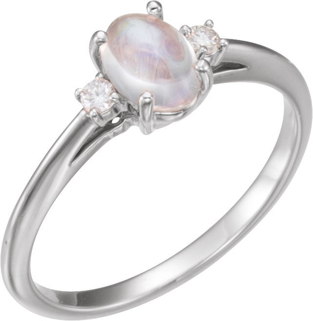 Platinum Oval Natural Rainbow Moonstone & Natural Diamond Accented Ring