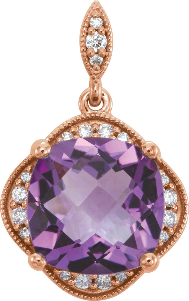 14K Gold Cushion Natural Amethyst & Natural Diamond Halo-Style Pendant - Rose Gold