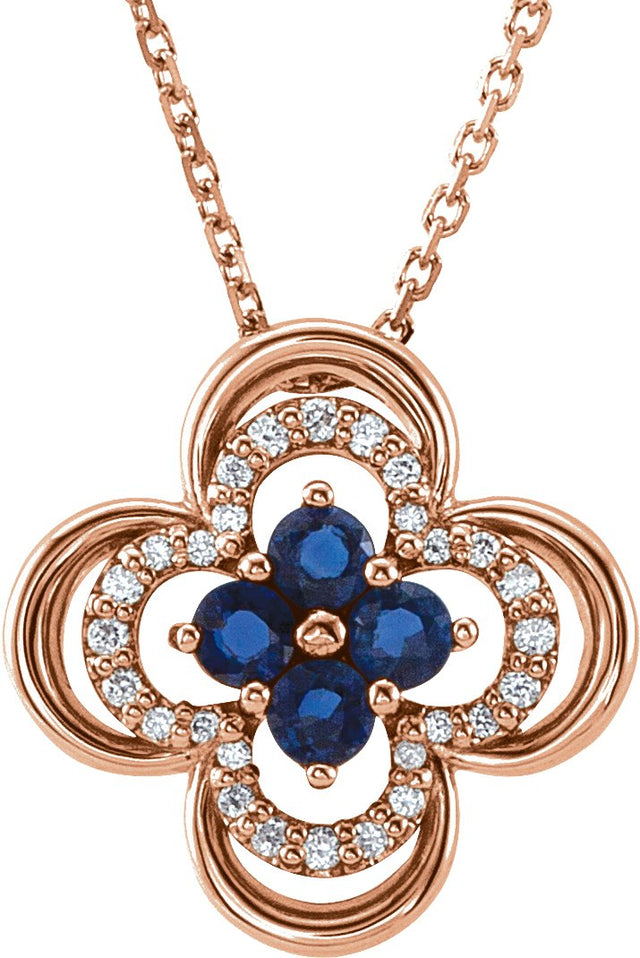 14K Gold Round Natural Blue Sapphire Clover Necklace or Pendant – 1/10 CTW - Rose Gold - view 3