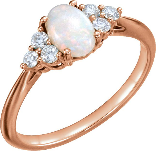 14K Gold Oval Natural White Opal & Natural Diamond Accented Ring - Rose Gold