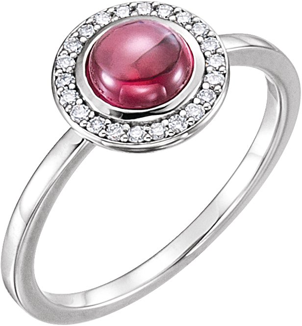 14K Gold Oval Natural Rhodolite Garnet & Natural Diamond Halo-Style Cabochon Ring - White Gold