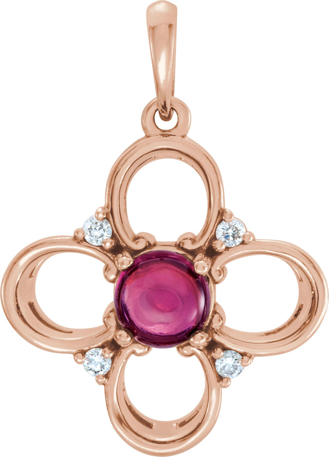 14K Gold Round Natural Pink Tourmaline & Natural Diamond Clover Pendant - Rose Gold
