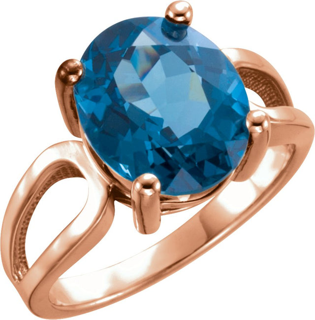 14K Gold Oval Natural London Blue Topaz Solitaire Ring - Rose Gold