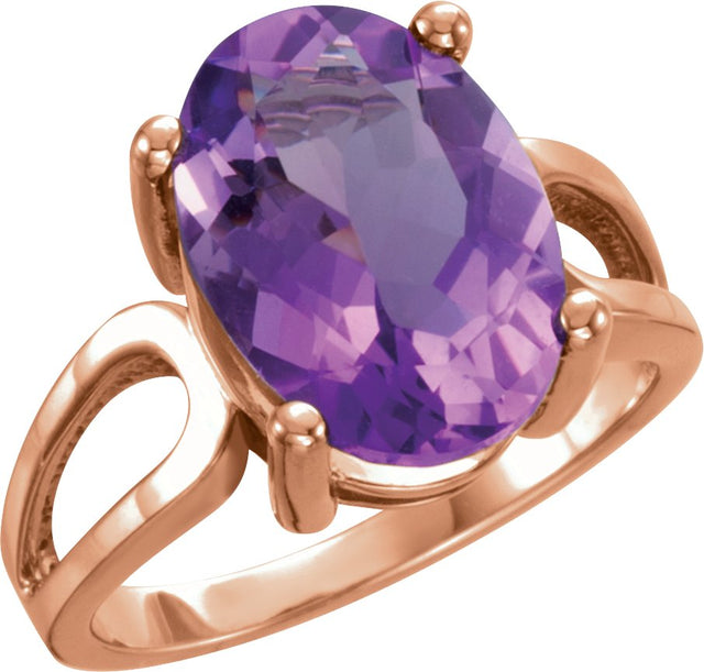 14K Gold Oval Natural Amethyst Solitaire Ring – 14x10mm - Rose Gold