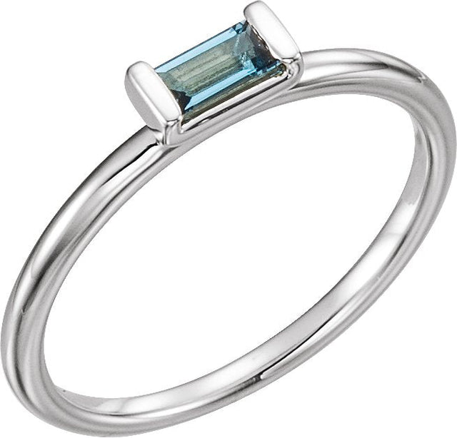 14K Gold Straight Baguette Natural London Blue Topaz Baguette Stackable Ring - White Gold