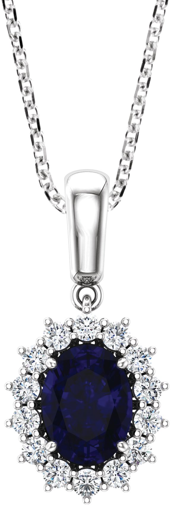 14K Gold Oval Lab-Grown Blue Sapphire & Natural Diamond Halo-Style Necklace or Pendant – 1/3 CTW - White Gold