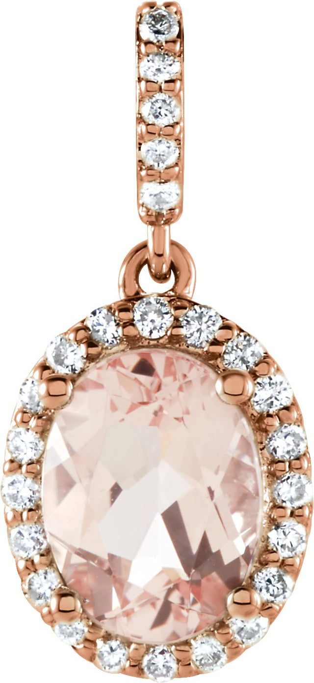 14K Gold Oval Natural Pink Morganite & Natural Diamond Halo-Style Pendant - Rose Gold