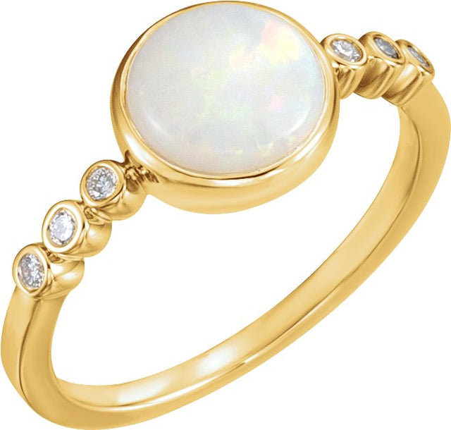 14K Gold Round Natural White Opal & Natural Diamond Bezel-Set Ring - Yellow Gold