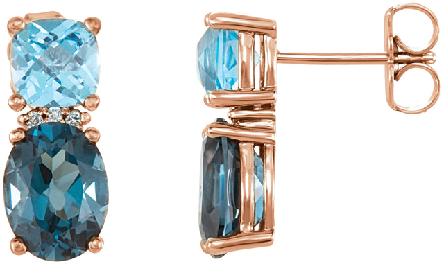 14K Gold Oval Natural London Blue Topaz & Natural Swiss Blue Topaz & Natural Diamond Multi-Shape Earrings - Rose Gold