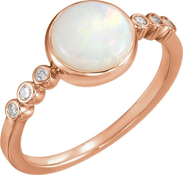 14K Gold Round Natural White Opal & Natural Diamond Bezel-Set Ring - Rose Gold
