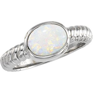 14K Gold Oval Natural White Opal Cabochon Rope Ring