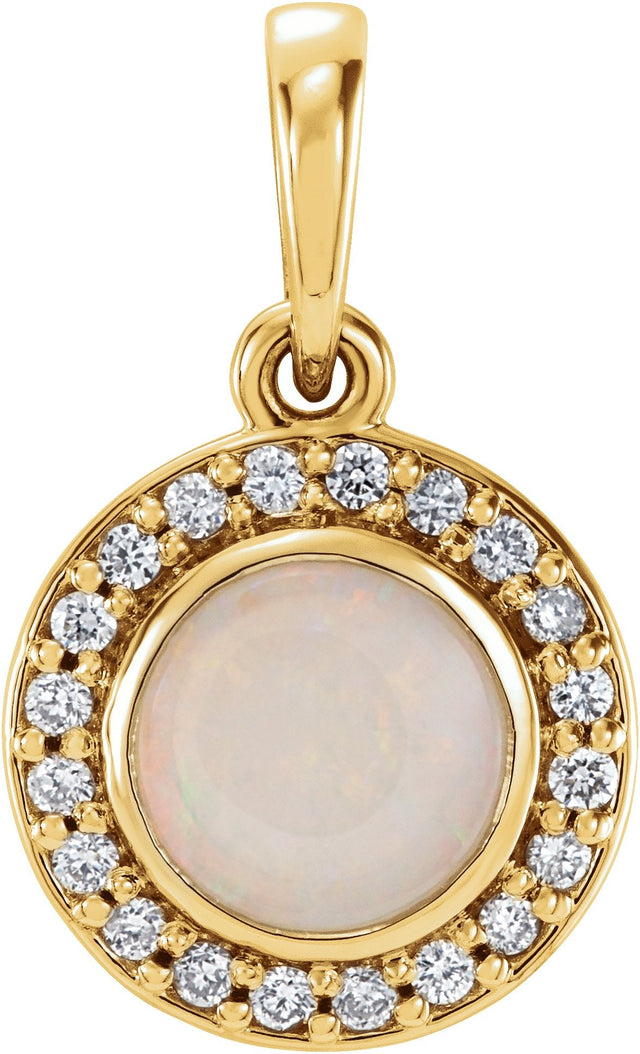 14K Gold Round Natural White Opal & Natural Diamond Bezel-Set Halo-Style Pendant – 0.08 CTW - Yellow Gold