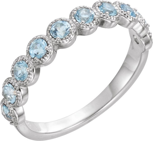 Platinum Round Natural Aquamarine Beaded Ring – 2.5mm Stones