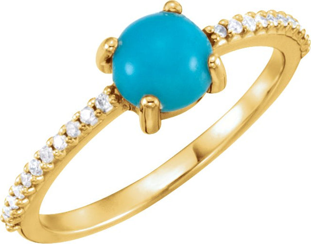 14K Gold Oval Natural Turquoise & Natural Diamond Accented Cabochon Ring - Yellow Gold