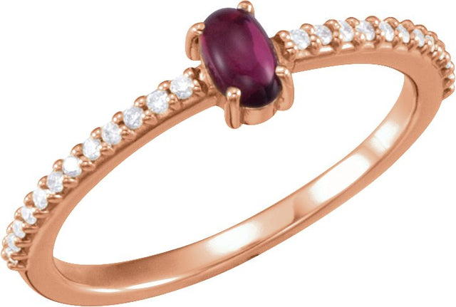 14K Gold Oval Natural Pink Tourmaline & Natural Diamond Accented Cabochon Ring - Rose Gold