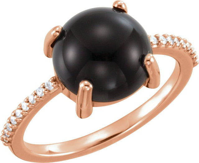 14K Gold Oval Natural Black Onyx & Natural Diamond Accented Cabochon Ring - Rose Gold