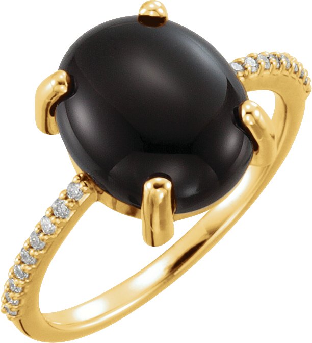14K Gold Oval Natural Black Onyx & Natural Diamond Accented Cabochon Ring - Yellow Gold