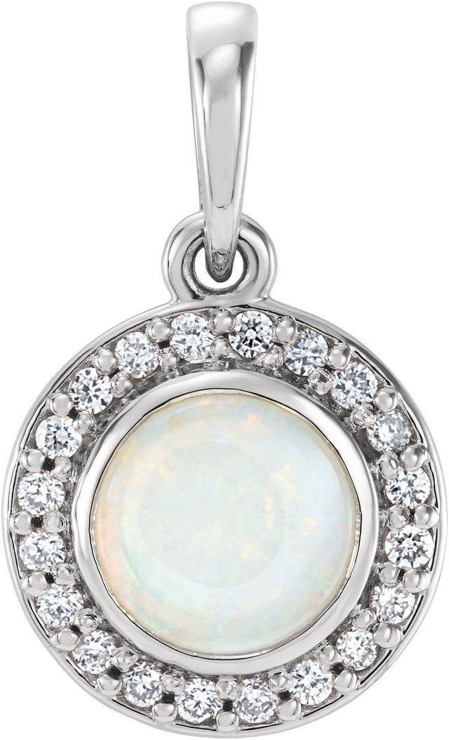 14K Gold Round Natural White Opal & Natural Diamond Bezel-Set Halo-Style Pendant – 0.08 CTW - White Gold