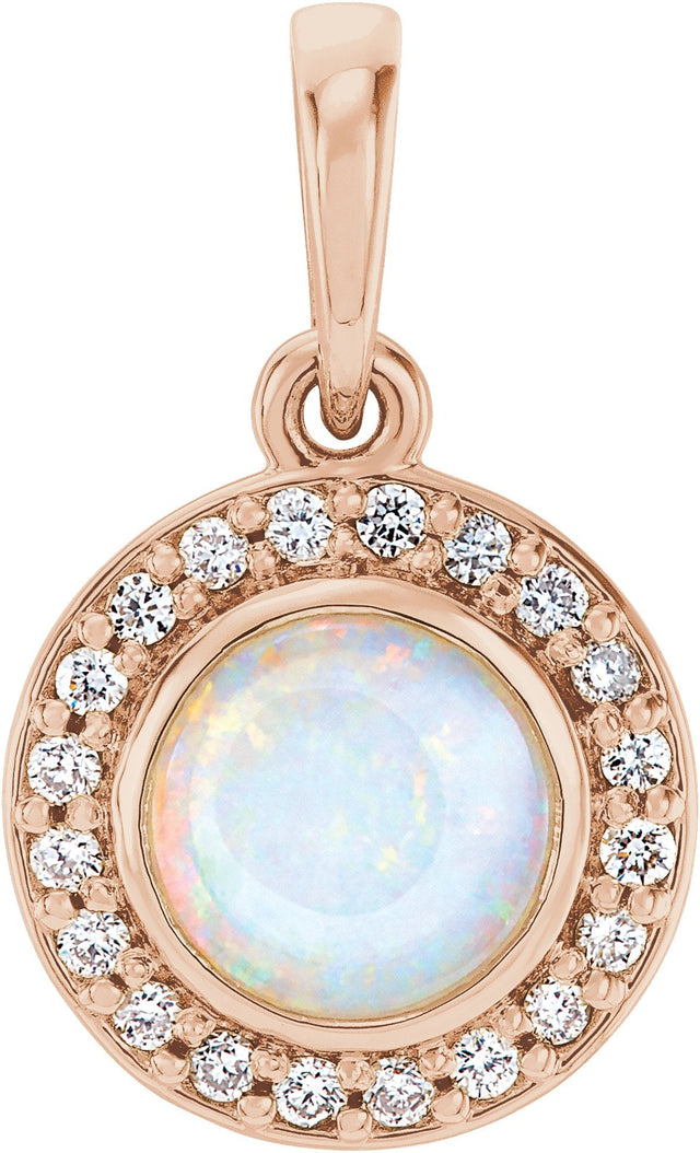 14K Gold Round Natural White Opal & Natural Diamond Bezel-Set Halo-Style Pendant – 0.08 CTW - Rose Gold