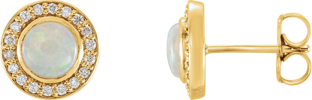 14K Gold Round Natural White Opal & Natural Diamond Halo-Style Earrings - Yellow Gold