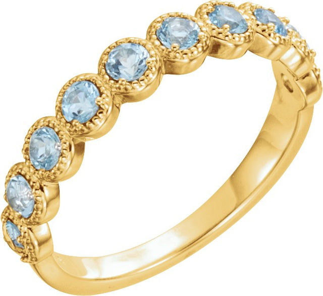 14K Gold Round Natural Aquamarine Beaded Ring – 2.5mm Stones - Yellow Gold