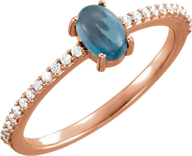 14K Gold Oval Natural London Blue Topaz & Natural Diamond Accented Cabochon Ring - Rose Gold