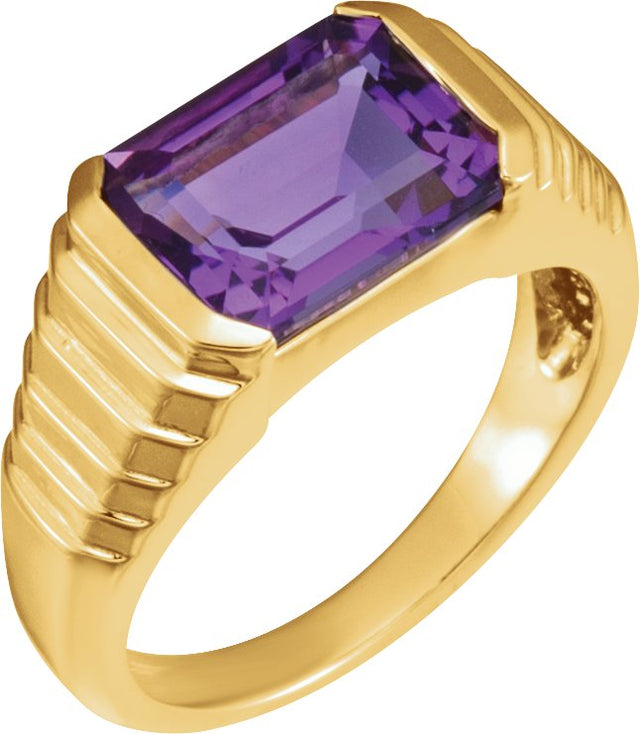 Platinum Natural Amethyst Emerald Bezel-Set Ring