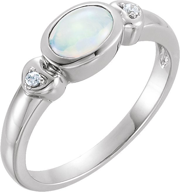 14K Gold Oval Natural White Opal & Natural Diamond Cabochon Bezel-Set Ring - White Gold