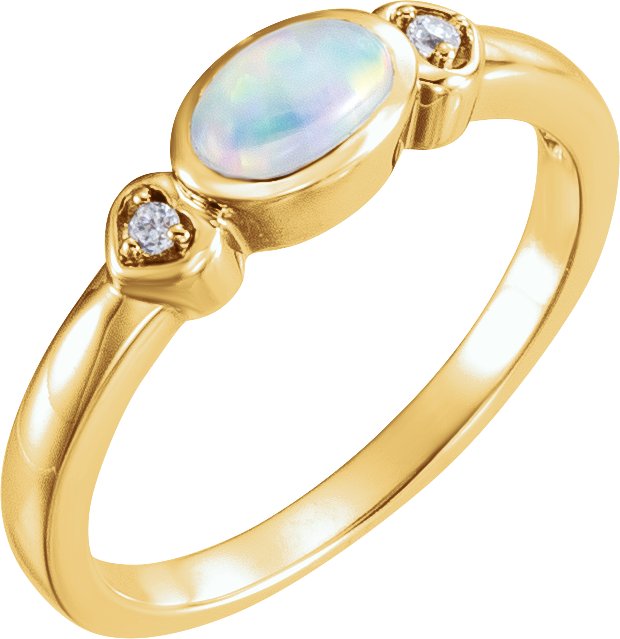 14K Gold Oval Natural White Opal & Natural Diamond Cabochon Bezel-Set Ring - Yellow Gold
