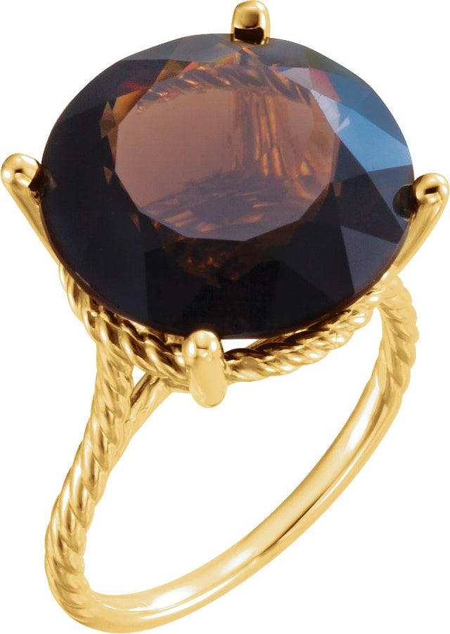 14K Gold Round Natural Smoky Quartz Rope Ring - Yellow Gold