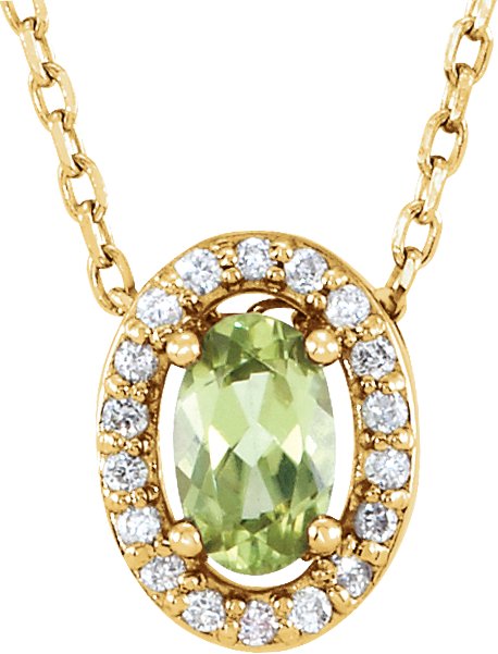 14K Gold Oval Natural Peridot & Natural Diamond Halo-Style Necklace or Slide Pendant – 0.05 CTW - Yellow Gold