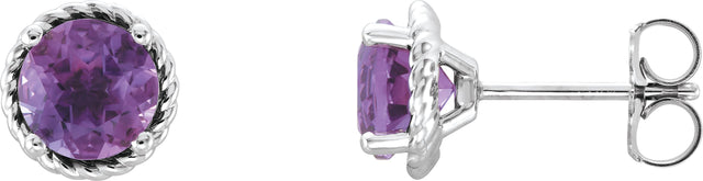 14K Gold Round Natural Amethyst Rope Earrings - White Gold