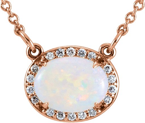 14K Gold Oval Natural White Opal & Natural Diamond Halo-Style Necklace - Rose Gold