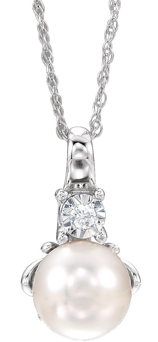 14K Gold Pearl Cultured White Freshwater Pearl & Natural Diamond Accented Necklace
