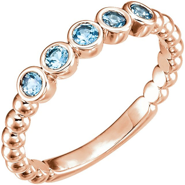 14K Gold Round Natural Aquamarine Beaded Bezel-Set Ring - Rose Gold