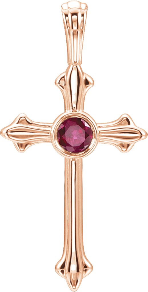 14K Gold Round Natural Ruby Cross Pendant V - Rose Gold