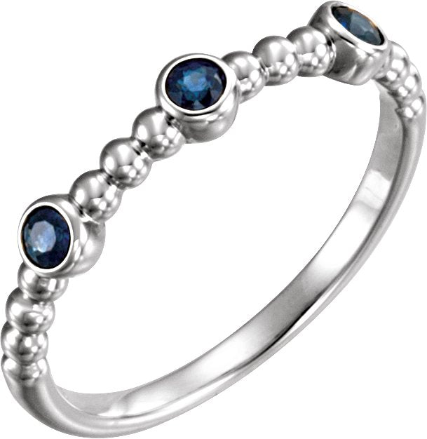 14K Gold Round Natural Blue Sapphire Beaded Ring – 2.5mm Stones - White Gold