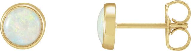 14K Gold Natural White Opal Round Bezel-Set Cabochon Earrings - Yellow Gold