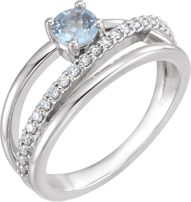Platinum Round Natural Aquamarine & Natural Diamond Criss-Cross Ring