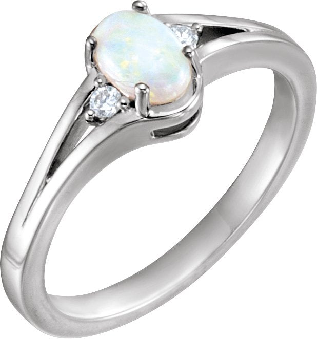 14K Gold Oval Natural White Opal & Natural Diamond Accented Cabochon Ring – 6mm Stones - White Gold