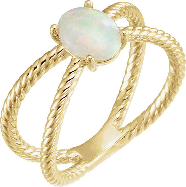 14K Gold Oval Natural White Opal Criss-Cross Cabochon Ring - Yellow Gold