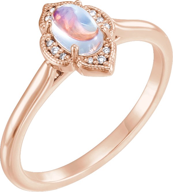 14K Gold Oval Natural Rainbow Moonstone & Natural Diamond Clover Cabochon Ring - Rose Gold