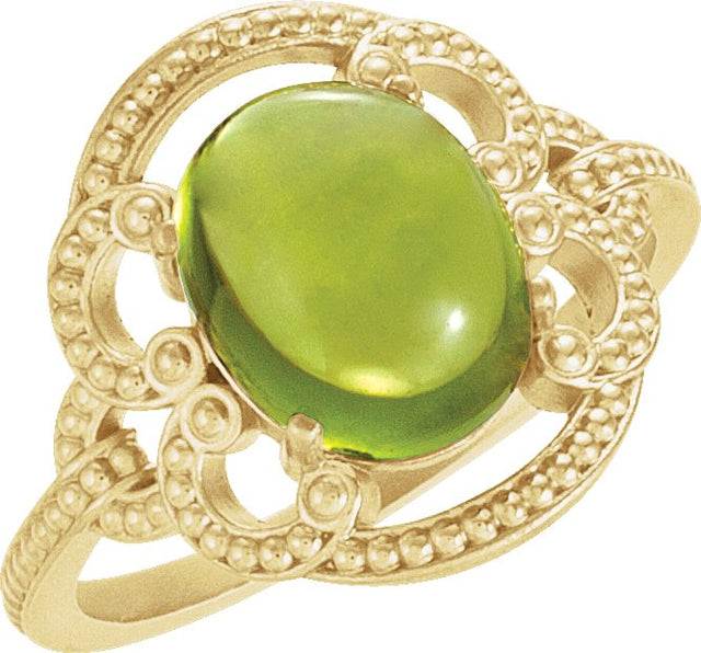 14K Gold Oval Natural Peridot Cabochon Ring - Yellow Gold