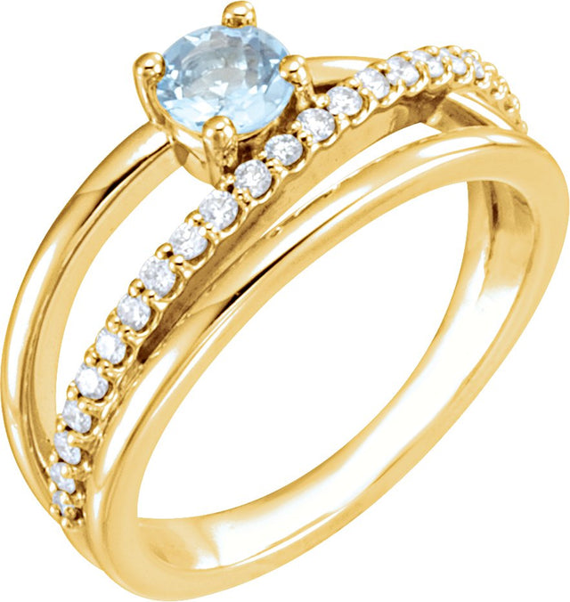 14K Gold Round Natural Aquamarine & Natural Diamond Criss-Cross Ring - Yellow Gold