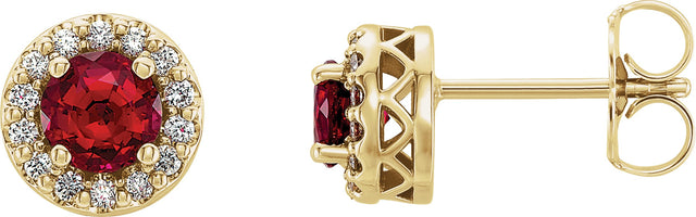 14K Gold Lab-Grown Ruby & Natural Diamond Round 4-Prong Halo-Style Earrings – 4-6mm Stones - Yellow Gold