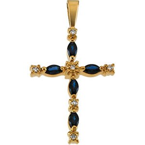 14K Gold Marquise Natural Blue Sapphire Accented Cross Pendant